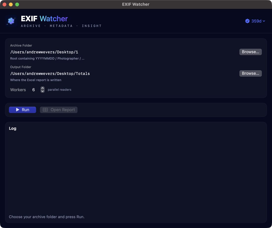 EXIF Watcher main window with Archive Folder, Output Folder, Workers, Run and a live Log