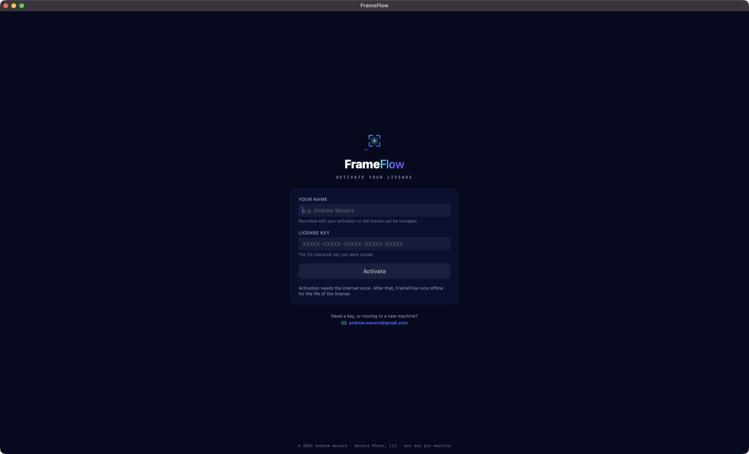 FrameFlow activation screen asking for your name and license key