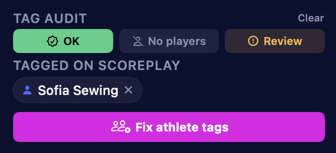 The TAG AUDIT verdict chips — OK, No players, Review — above a TAGGED ON SCOREPLAY section showing a Sofia Sewing athlete chip with an × and a large fuchsia Fix athlete tags button