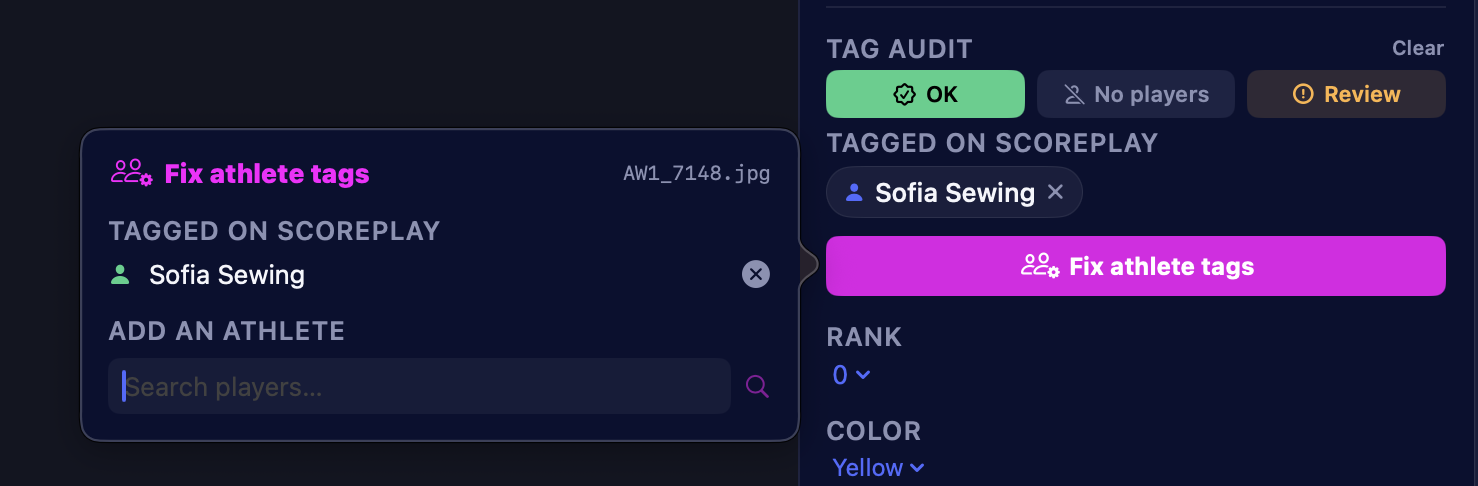 The Fix athlete tags panel open next to the metadata panel: Tagged on Scoreplay lists Sofia Sewing, and the Add an athlete search field is focused and ready to type