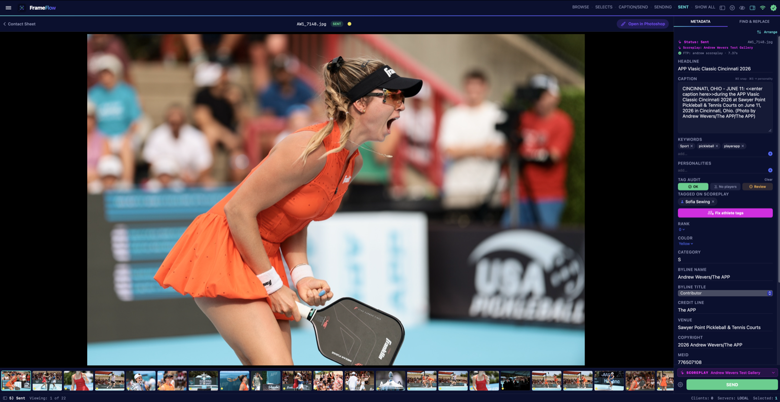 A frame open in the preview with the metadata panel's TAG AUDIT section on the right, showing verdict chips, a tagged-athlete chip and the Fix athlete tags button