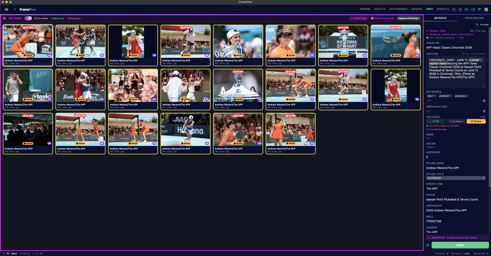 The Sent tab in Tag Audit mode: a fuchsia-framed contact sheet with 22 to review, 0 approved and 12 tag gaps in the bar, NO TAGS ribbons and REVIEW badges on frames, and the metadata panel showing the selected frame's audit state