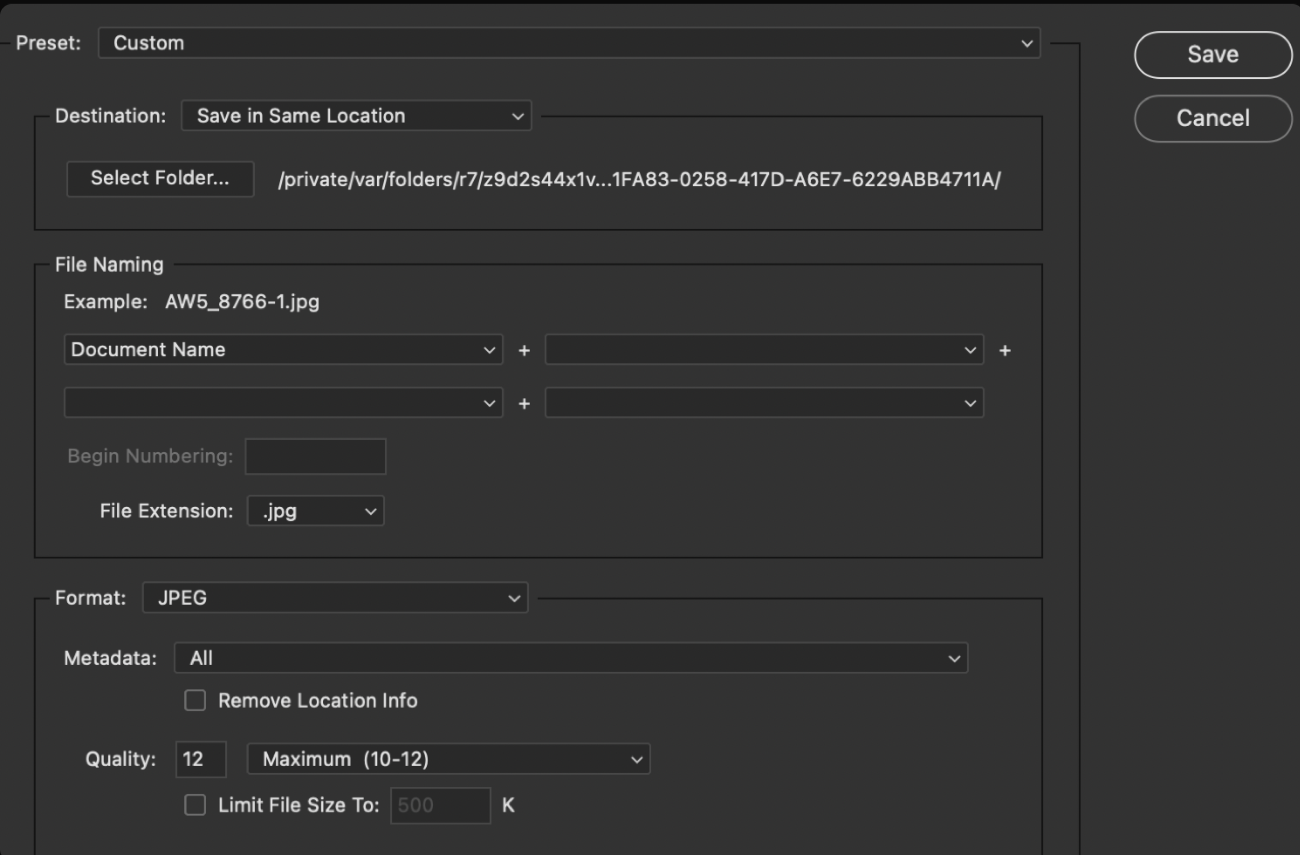 Camera Raw Save Options dialog with Destination set to Save in Same Location