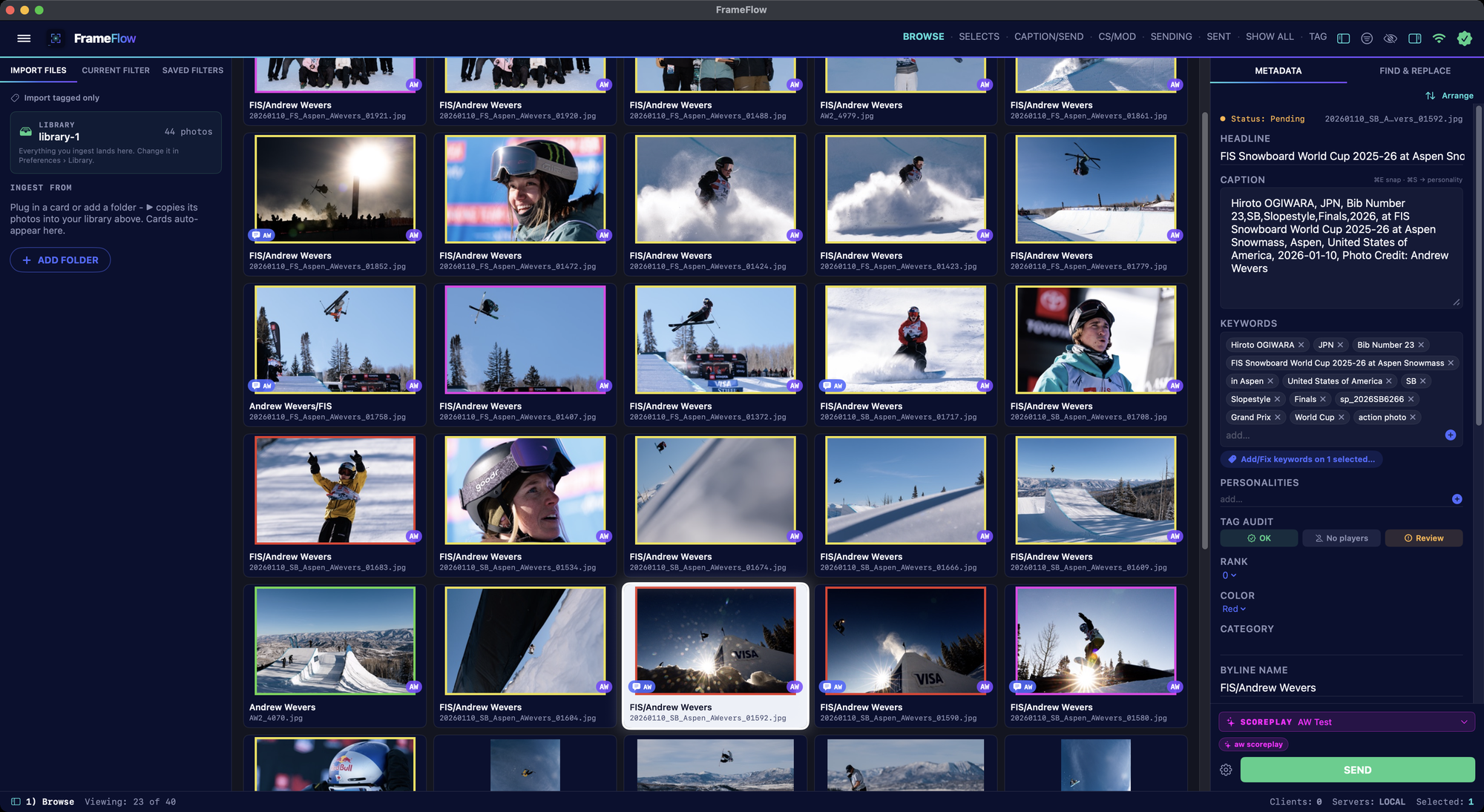 FrameFlow window: import panel on the left, a grid of snowboard World Cup photos with colour-class frames in the centre, and the metadata panel with caption, keywords, tag audit chips and Send button on the right