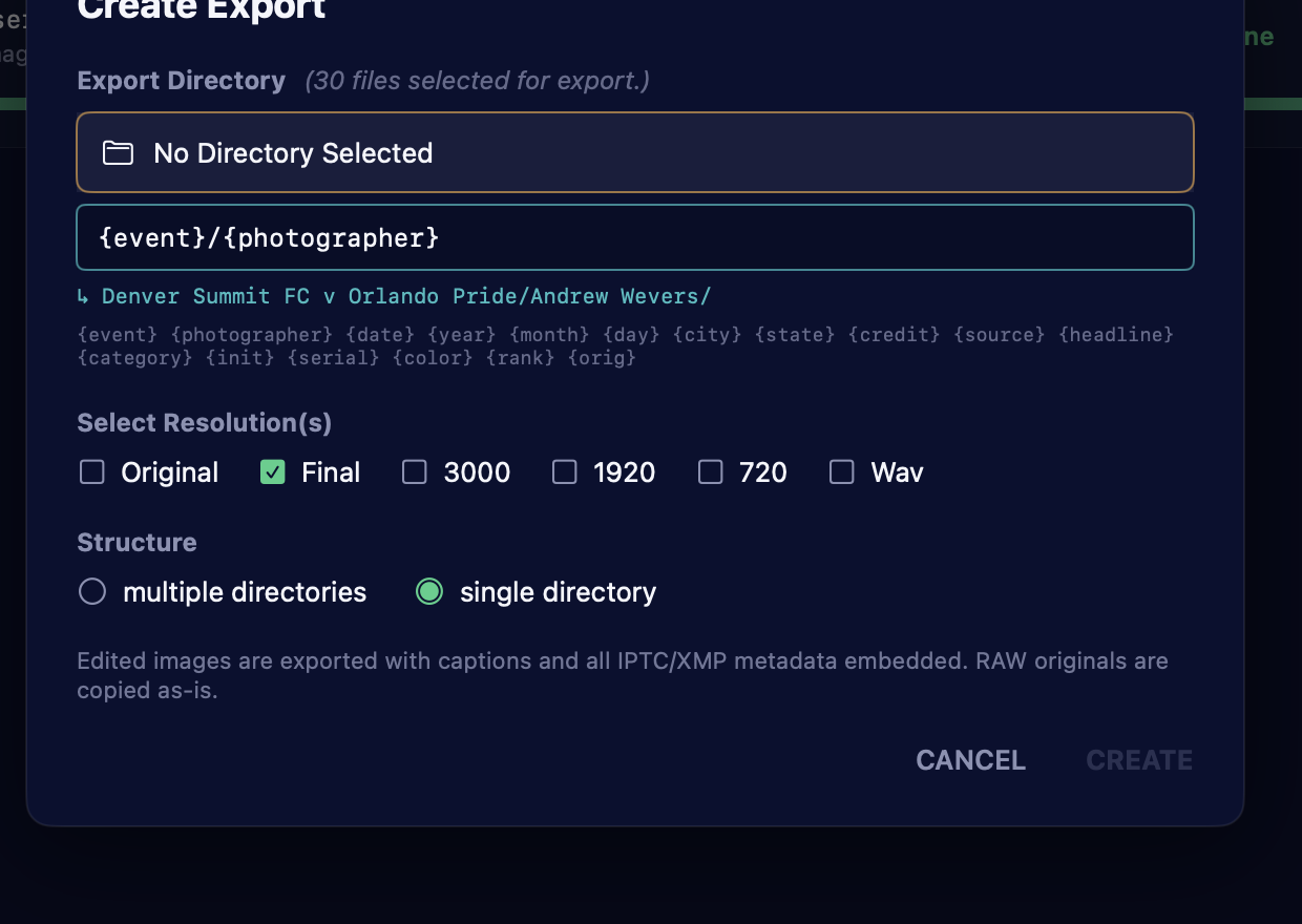 Create Export dialog with a folder template field, resolution checkboxes, and structure options