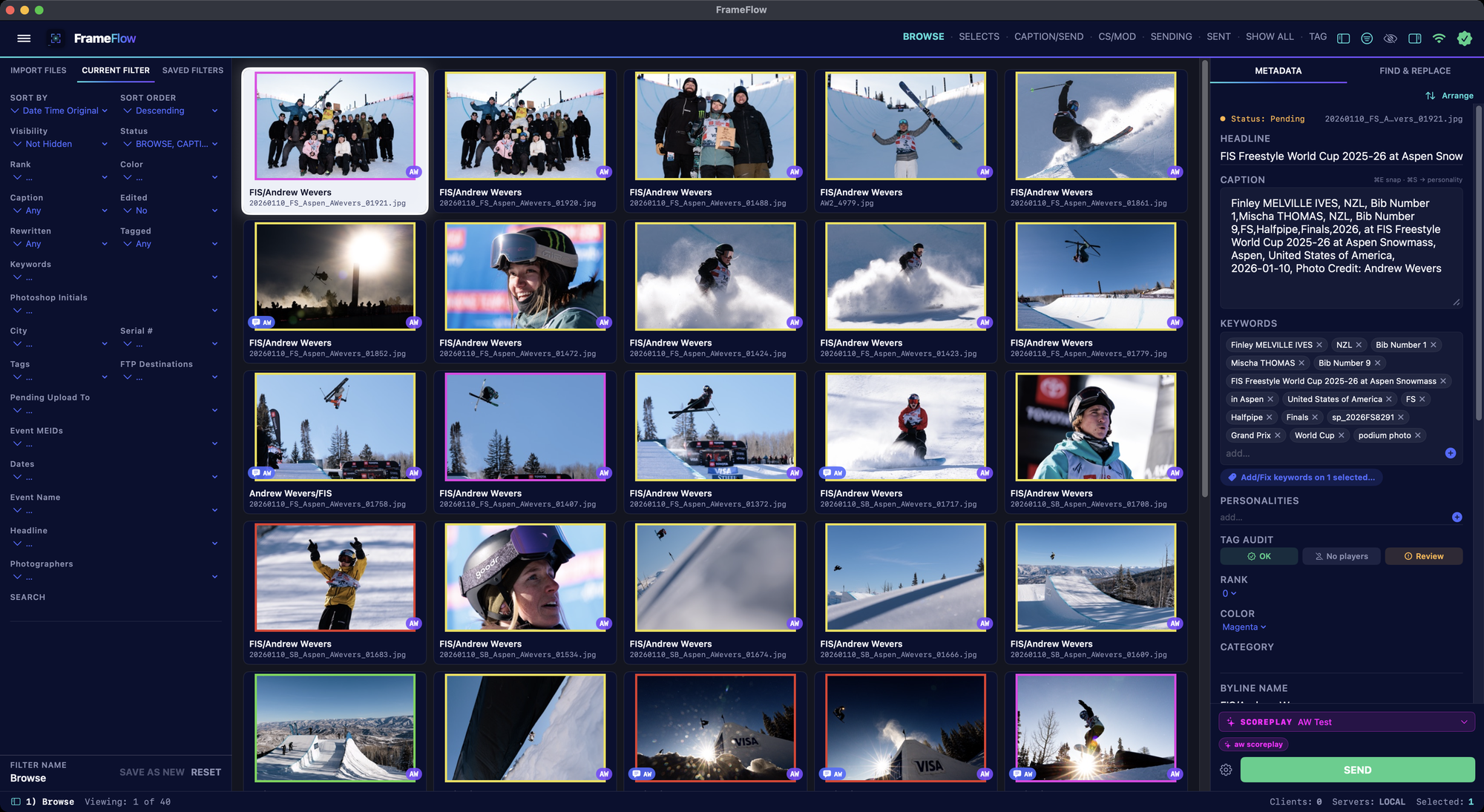 Current Filter panel open beside the contact sheet, showing sort controls and filter fields including Rewritten, Pending Upload To, Event MEIDs, and Dates