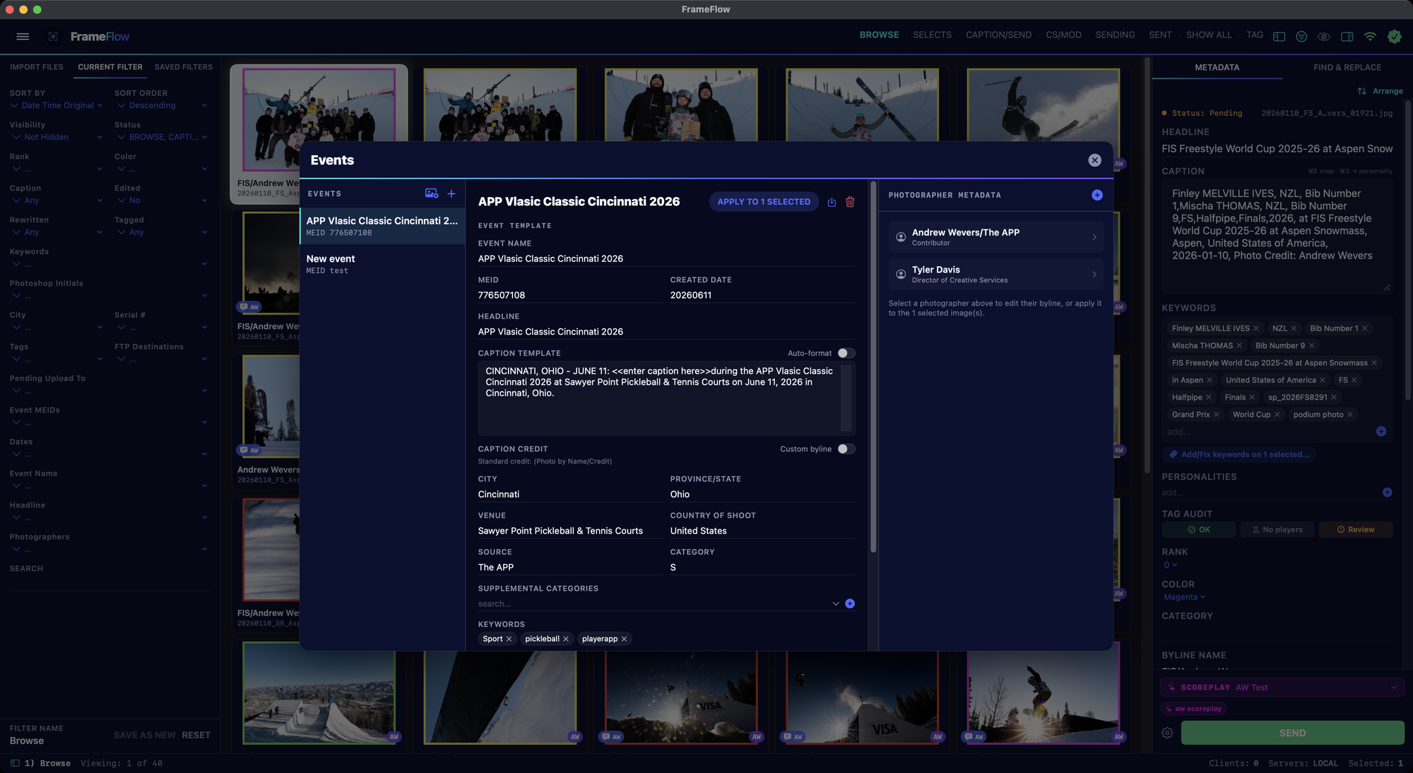 The Events workspace: the events list on the left, the selected event's template in the middle with MEID, headline, caption template, credit, city, venue, source and keywords, and the photographer metadata column on the right
