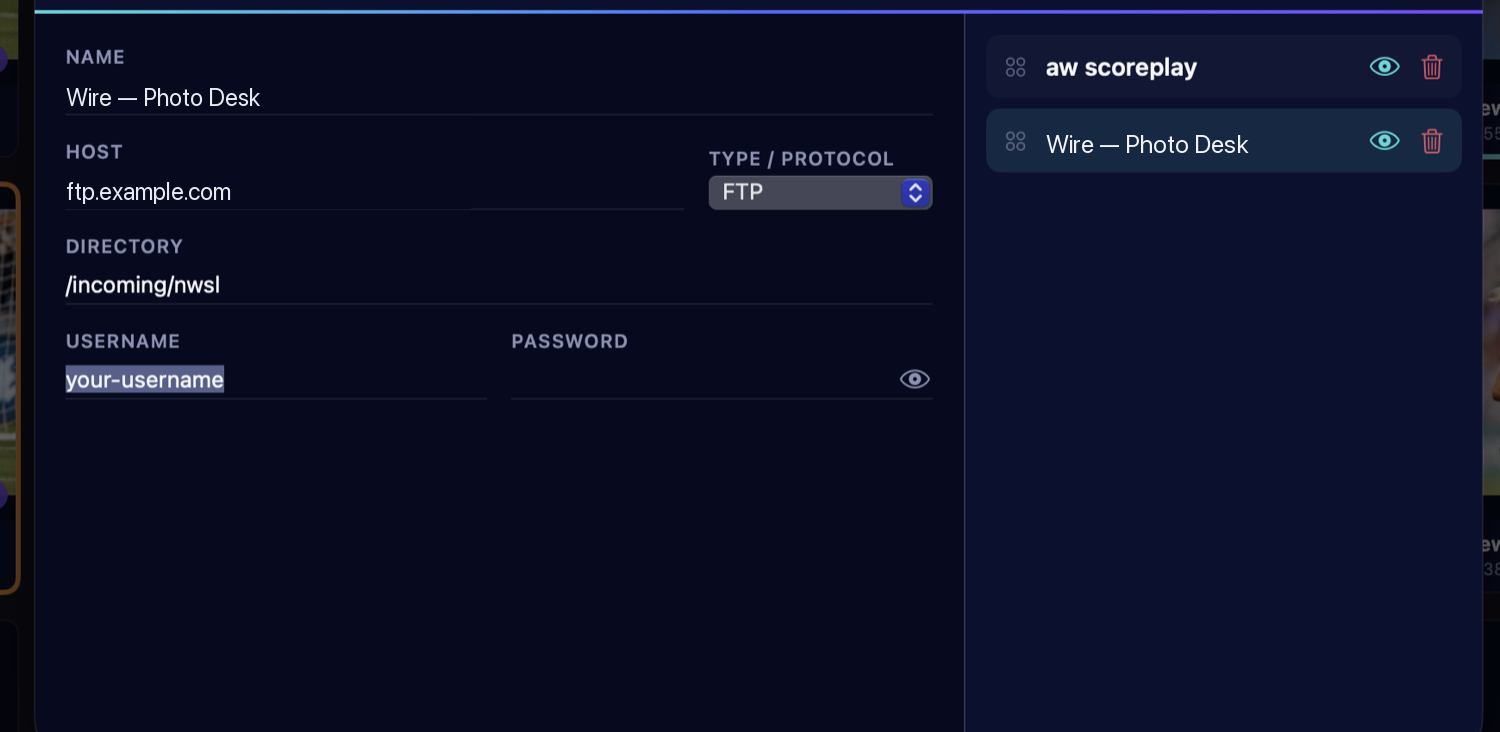 FTP Destinations editor with name, host, directory, username, password and protocol fields