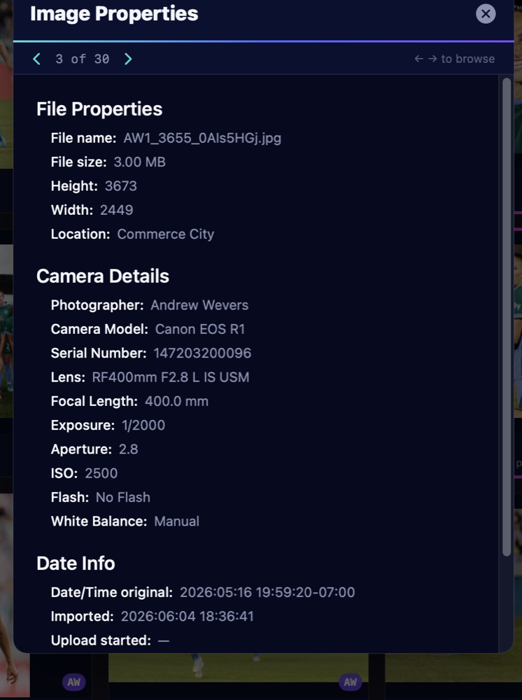 Image Properties panel listing file, camera, lens and exposure details for a frame
