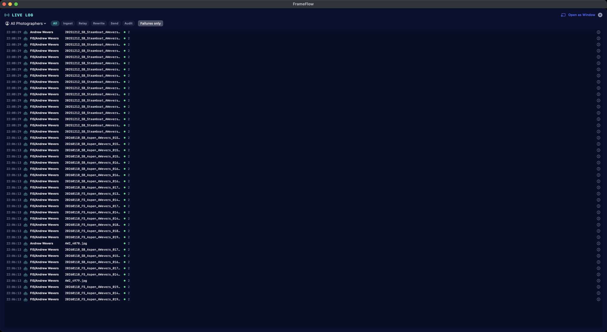 The Live Log: a photographer filter, lane chips for All, Ingest, Relay, Rewrite, Send and Audit, a Failures-only toggle, and rows of ingest events with timestamps and filenames