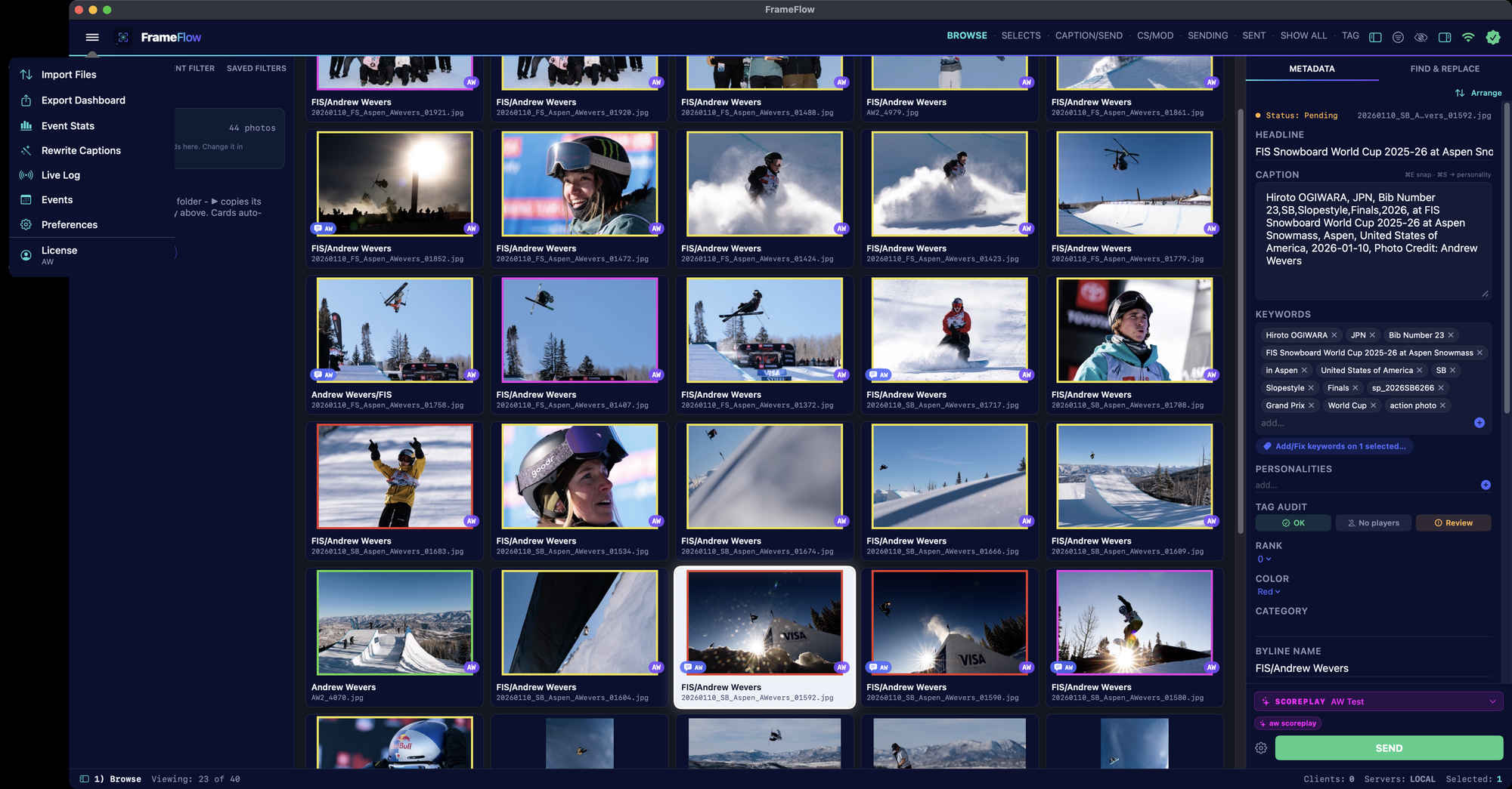 FrameFlow main menu open over the contact sheet, listing Import Files, Export Dashboard, Event Stats, Rewrite Captions, Live Log, Events, Preferences, and License