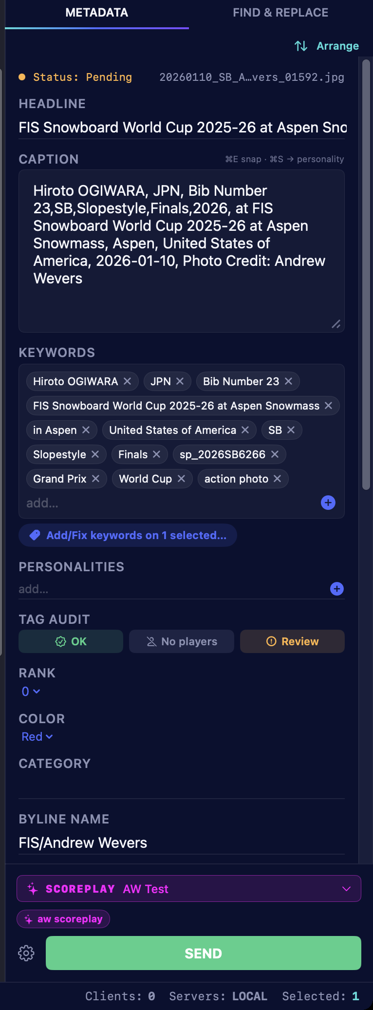 The Metadata panel filled with an IPTC caption, keyword chips, tag audit chips, byline, and the Scoreplay destination above the green Send button