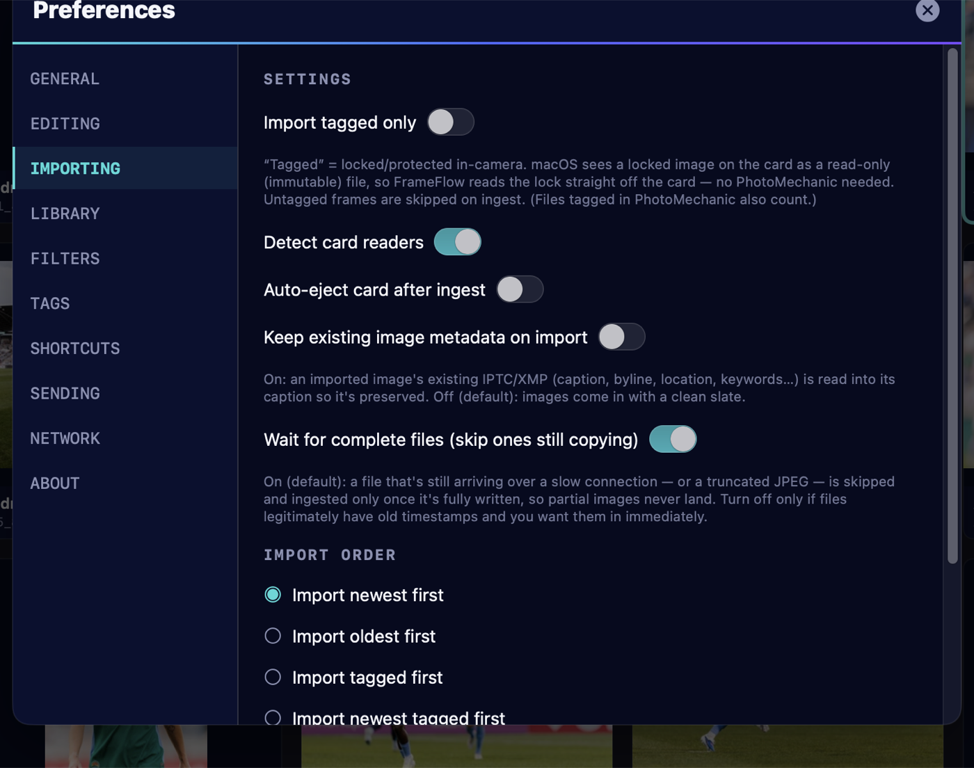 Preferences Importing pane with tagged-only, card detection, keep-metadata and wait-for-complete options