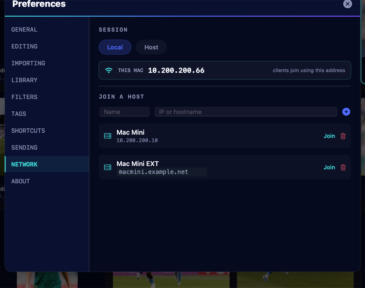Preferences Network pane with a Local/Host switch, this machine's address, and a Join a host list