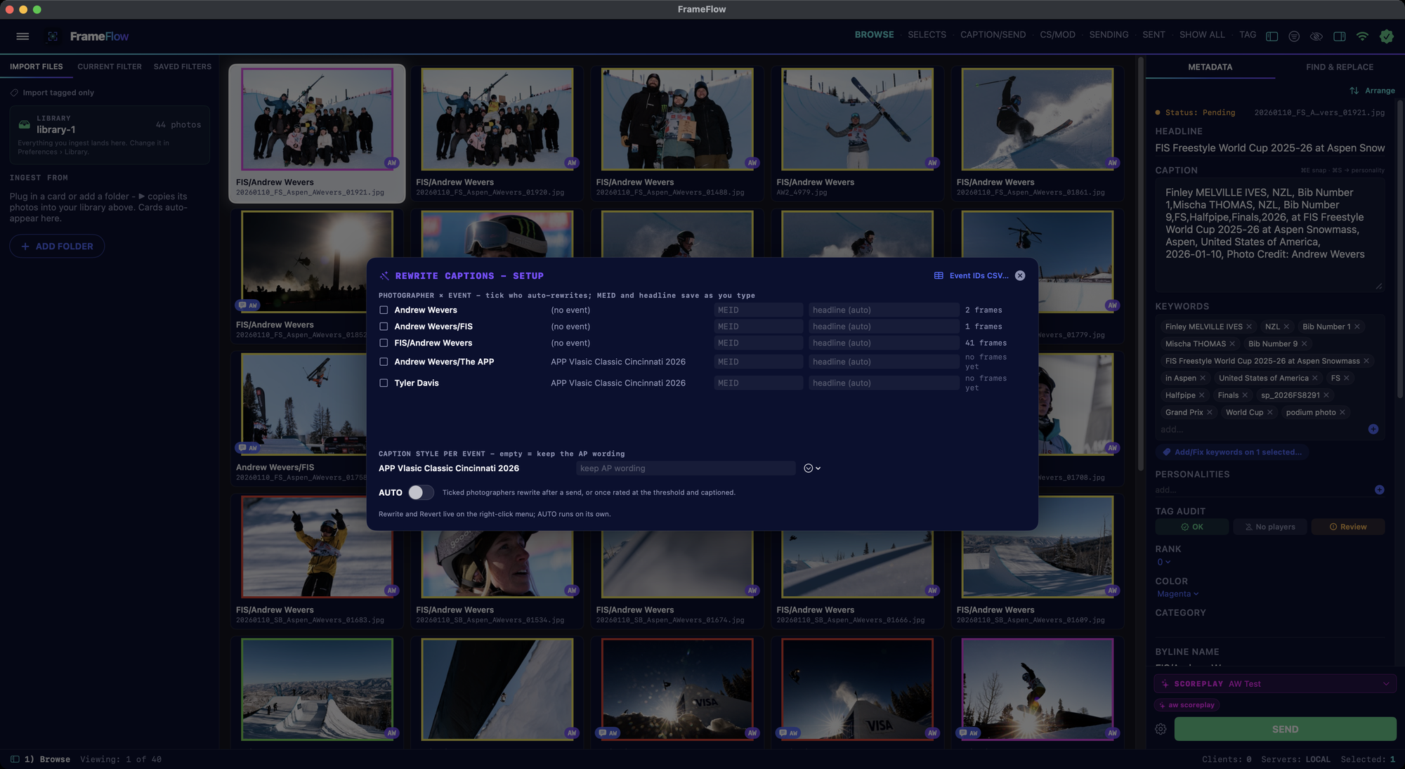 The Rewrite Captions setup panel: a roster of photographers with per-photographer event, MEID and headline fields and frame counts, a per-event caption style field, and an AUTO toggle