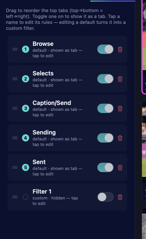 Saved Filters panel listing the workflow stages and a custom filter, each with a show-as-tab toggle