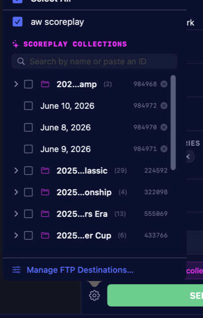 The Scoreplay Collections picker — a searchable parent/sub-collection tree with checkboxes and IDs
