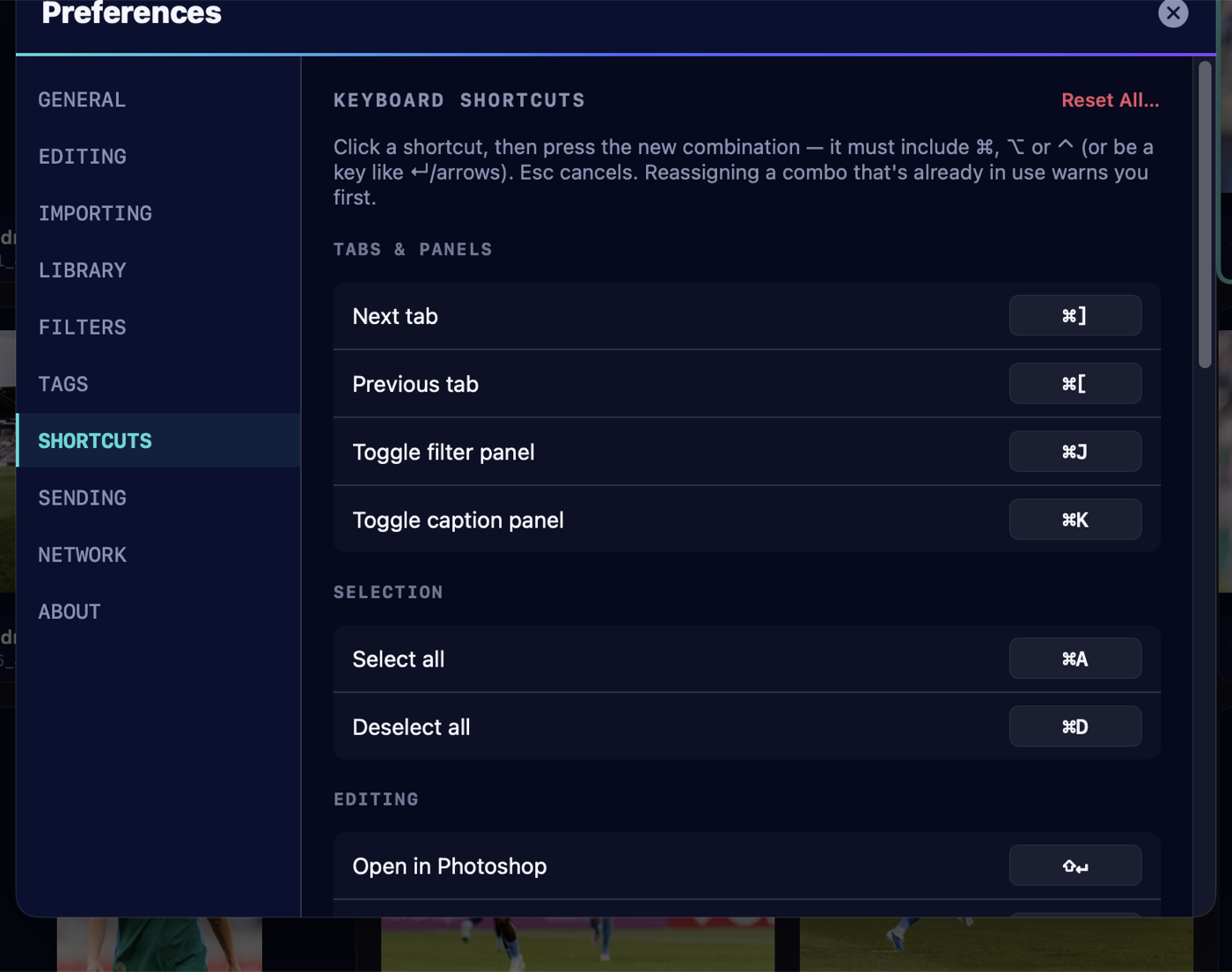 Preferences Shortcuts pane listing editable keyboard shortcuts grouped by category