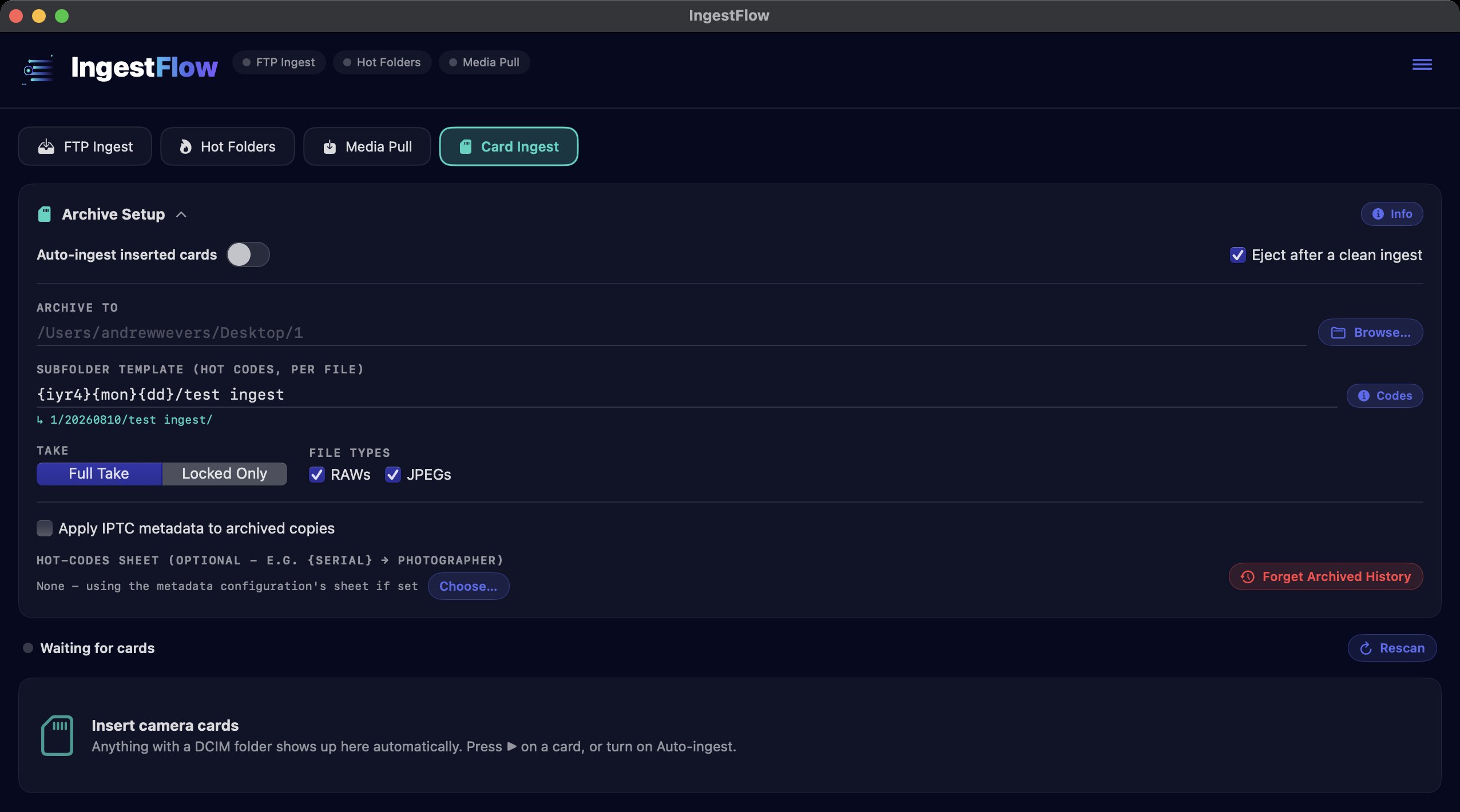The Card Ingest tab with Archive Setup expanded — auto-ingest and eject toggles, destination folder, hot-code subfolder template with a live path preview, Full Take / Locked Only modes, and RAW and JPEG toggles