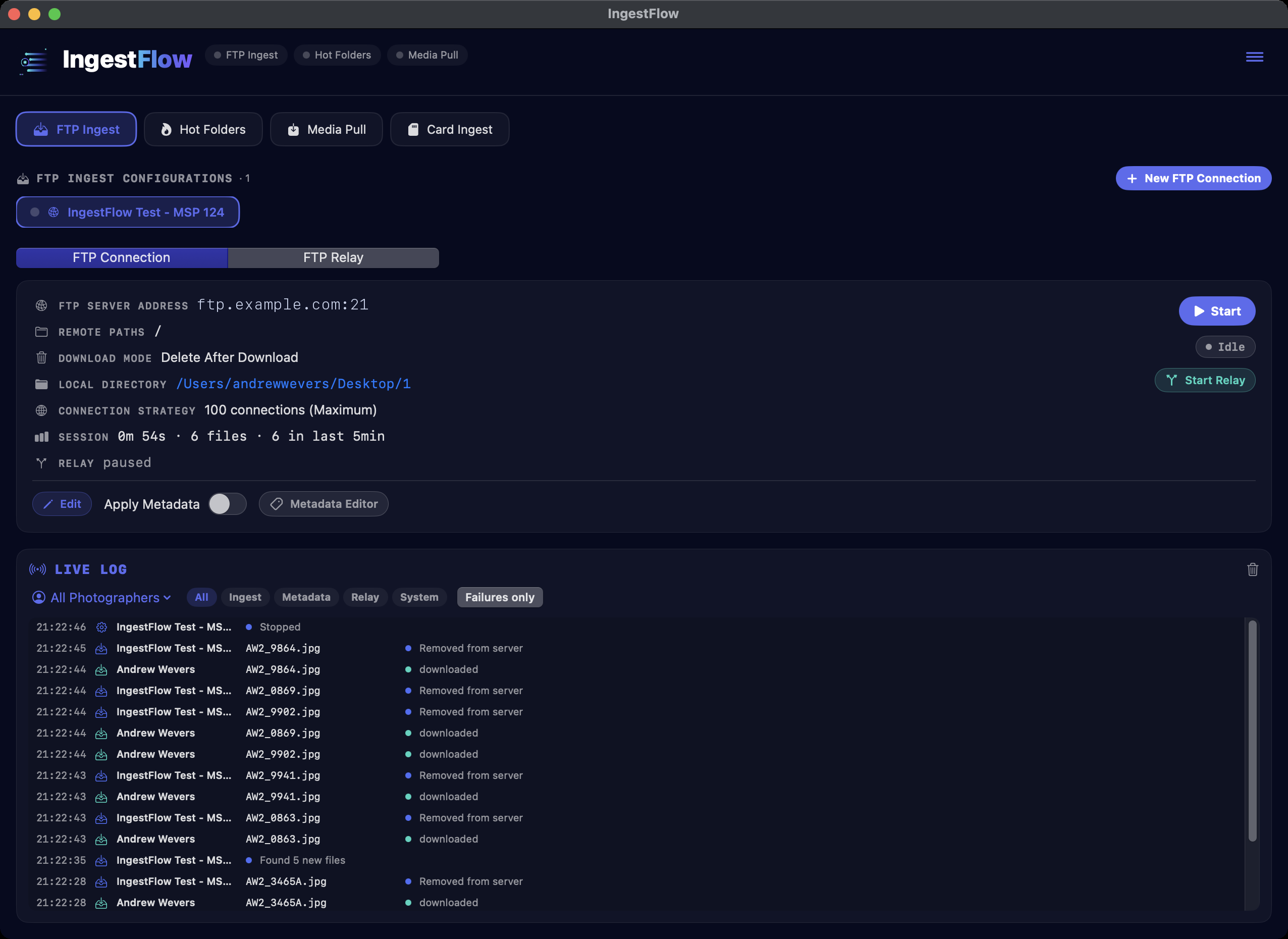 The IngestFlow FTP Ingest tab showing a saved connection with server address, remote paths, download mode, local directory, connection strategy, session stats, and the Live Log below with lane filters
