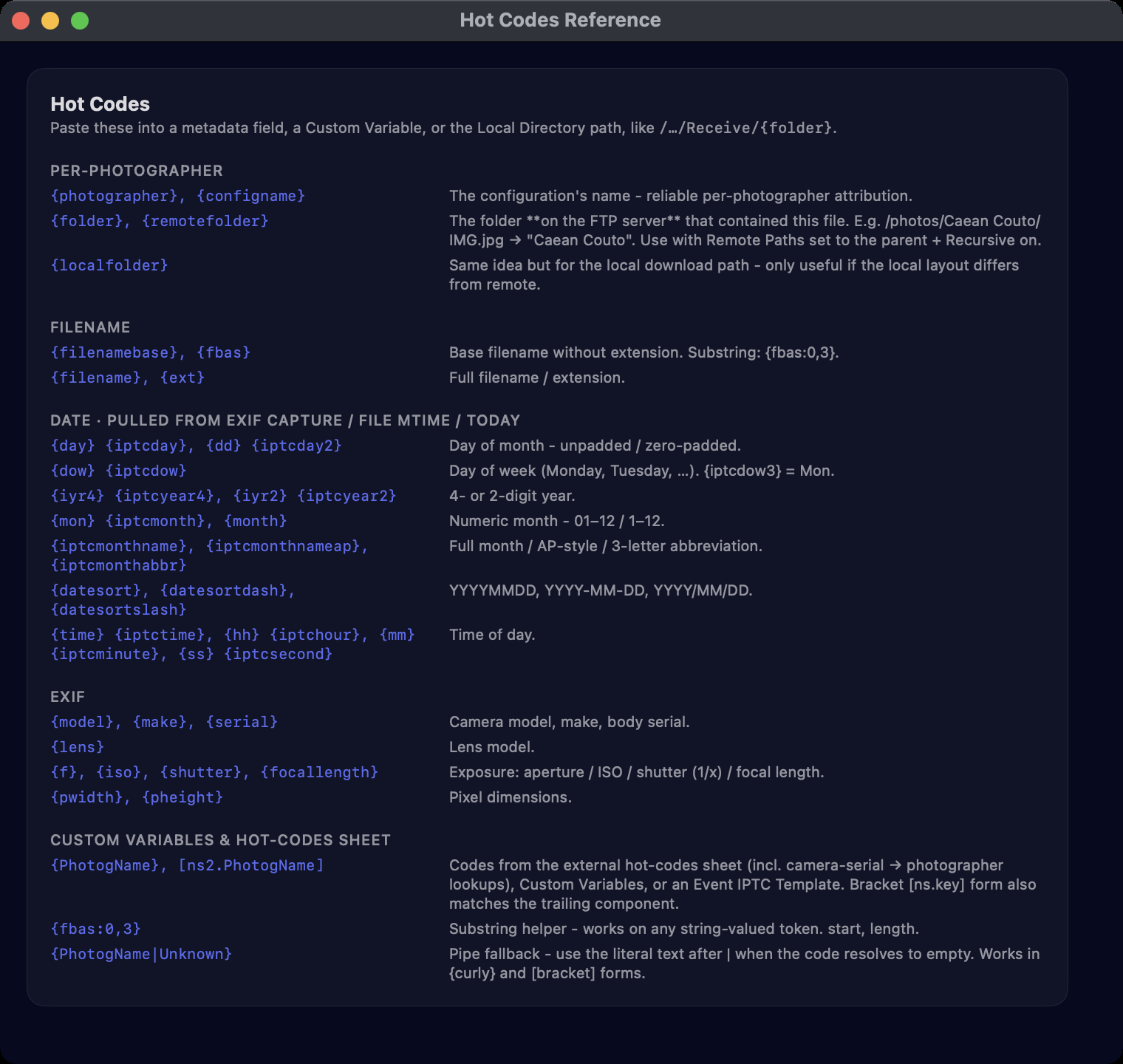 The Hot Codes Reference window listing per-photographer, filename, date, EXIF, and custom-variable tokens with descriptions