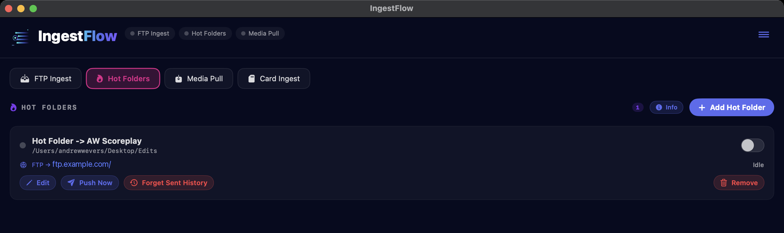 The Hot Folders tab with a watched folder delivering to a Scoreplay collection over FTP, with its on-off switch and Edit, Push Now, and Forget Sent History actions