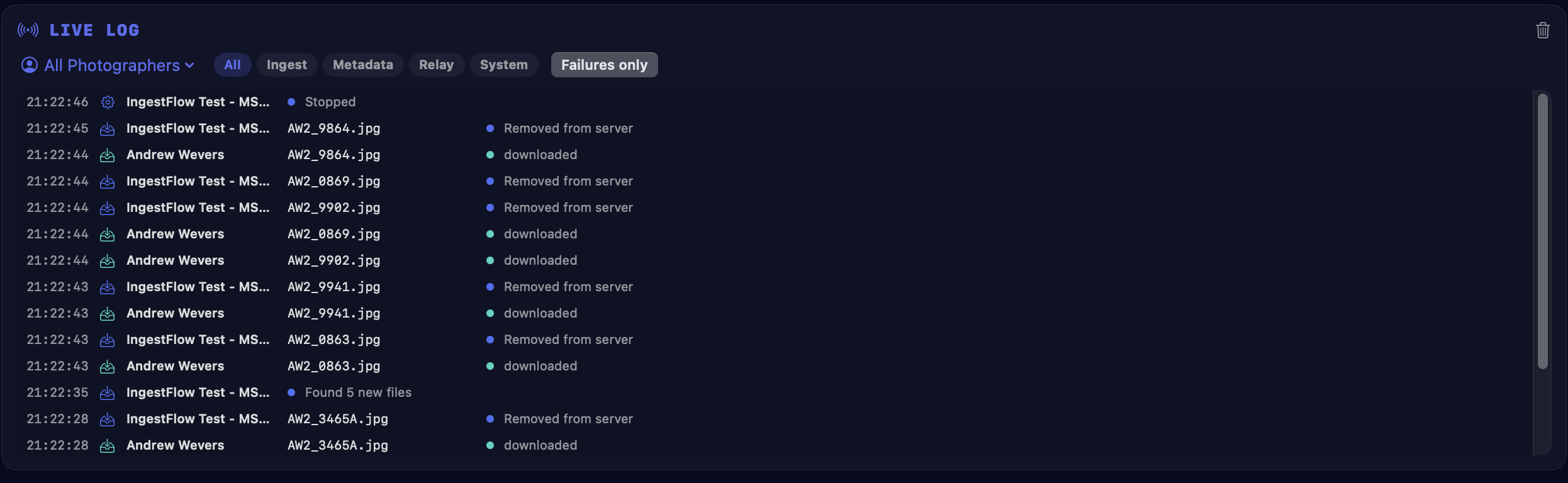 The Live Log with a photographer filter, lane chips for All, Ingest, Metadata, Relay, System, a Failures-only toggle, and rows of downloaded and removed-from-server events
