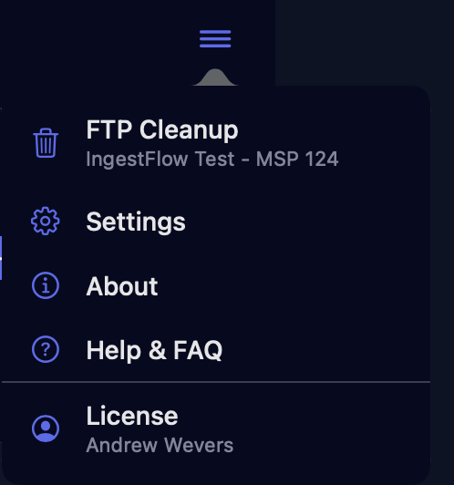The top-right menu open, showing FTP Cleanup, Settings, About, Help and FAQ, and License