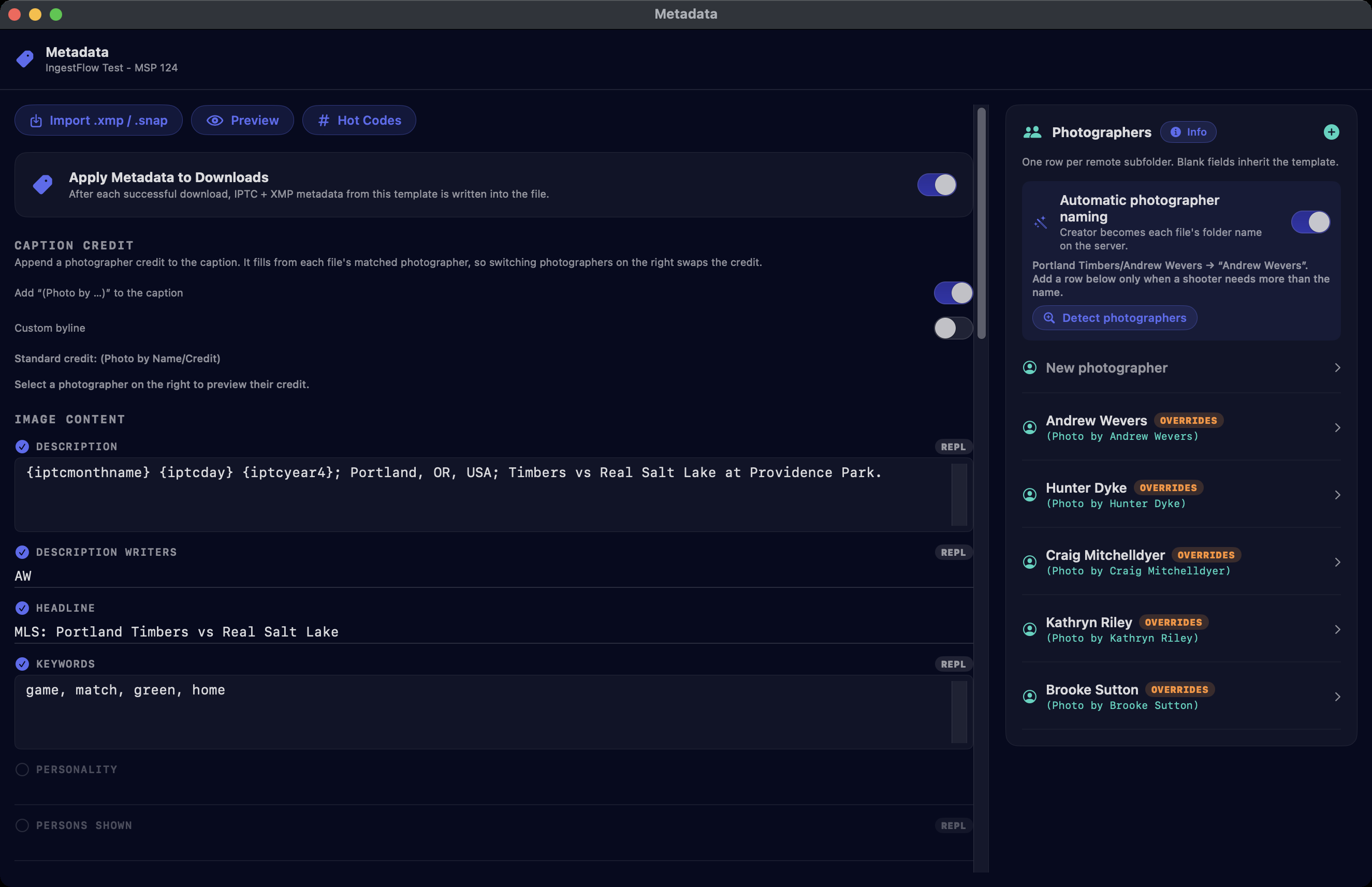The Metadata editor — caption credit toggles and hot-coded IPTC fields on the left, the Photographers pane with automatic photographer naming, Detect, and per-photographer override rows on the right