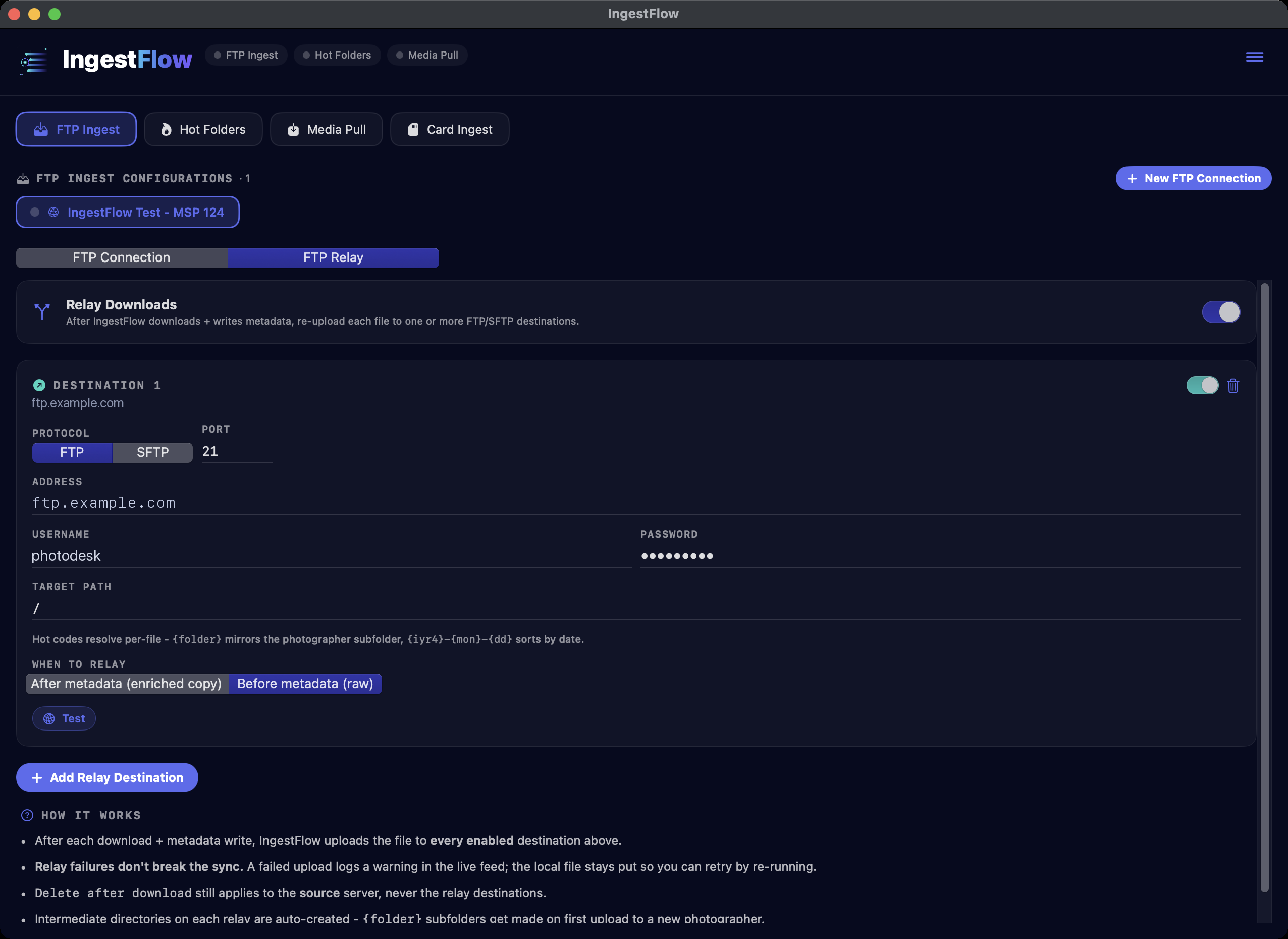 The FTP Relay pane — a relay destination with protocol, port, address, login, target path, a when-to-relay choice of after or before metadata, and a Test button