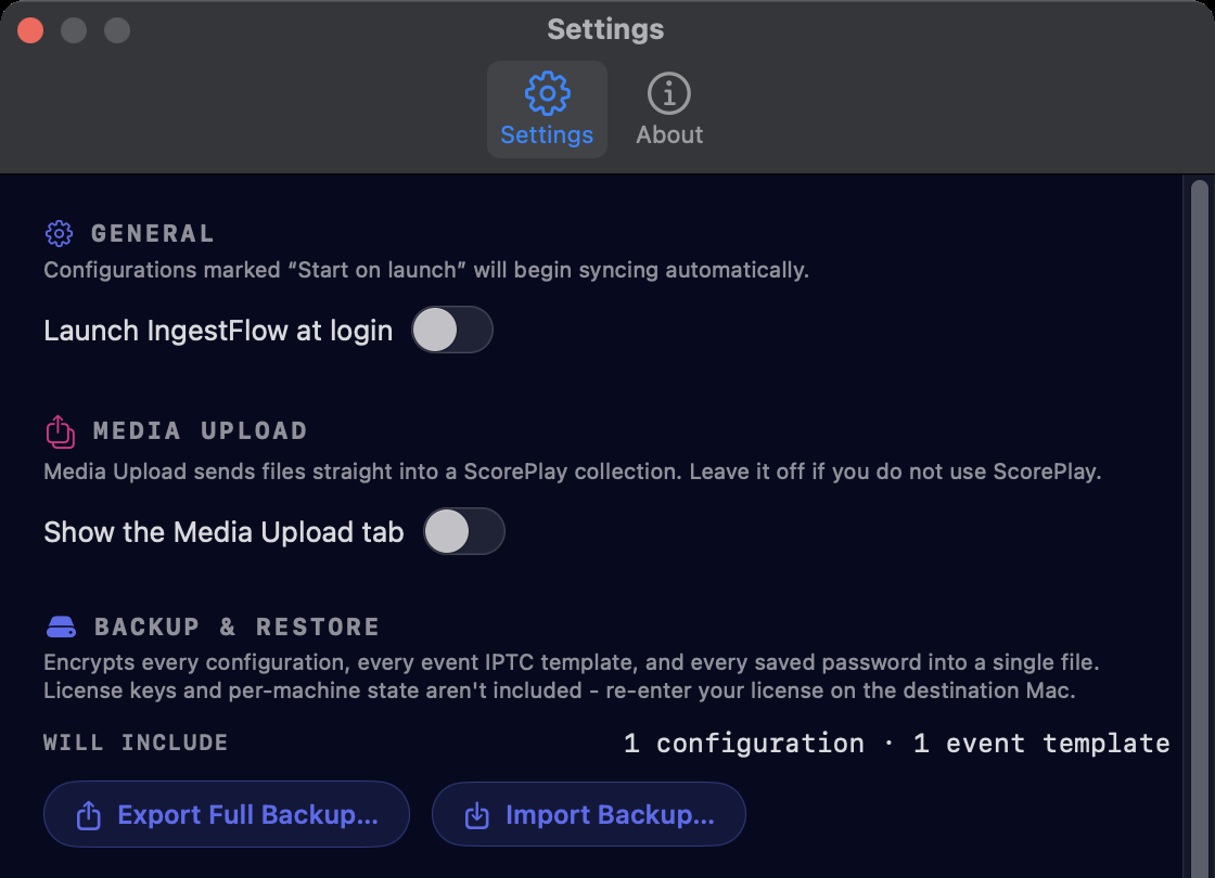 The Settings window — Launch at login, the Show the Media Upload tab toggle, and encrypted Backup and Restore with Export and Import buttons